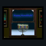 Menorah In The Window ポスター<br><div class="desc">A depiction of a traditional Chanukkah menorah in a window.  The menorah is reflected in the window,  there's frost on the glass,  and snow outside.</div>