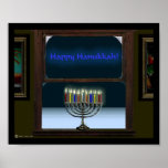 Menorah In The Window ポスター<br><div class="desc">A depiction of a traditional Chanukkah menorah in a window.  The menorah is reflected in the window,  there's frost on the glass,  and snow outside.</div>