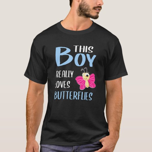 Mensこの男の子は本当に蝶が大好き Tシャツ (正面)