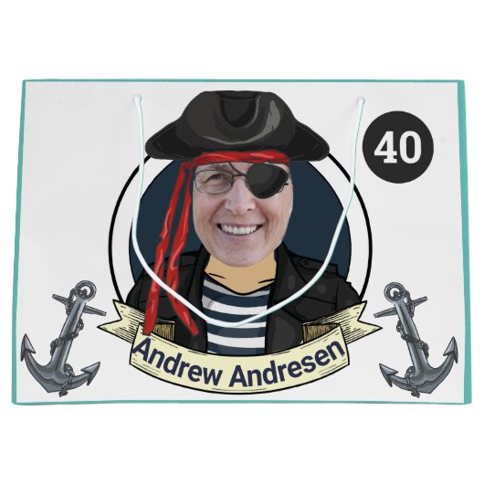 Mens 40th Pirate誕生日おもしろい追加顔素晴らしおもしろい ラージペーパーバッグ (正面)