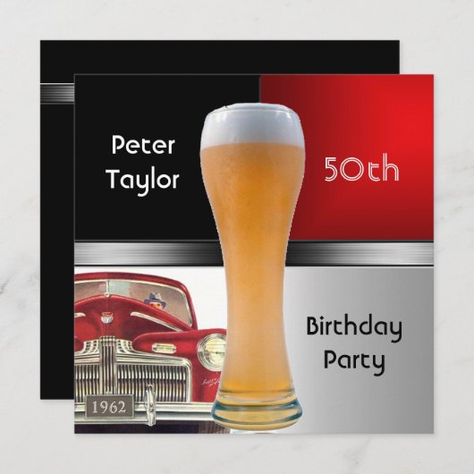 Mens 50th 1962誕生日レッドレトロレッドカービール 招待状 (正面/裏面)