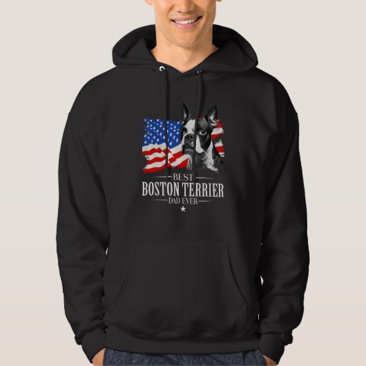 Mens Best Boston terrier Dad Ever American Flag Fa パーカ (正面)