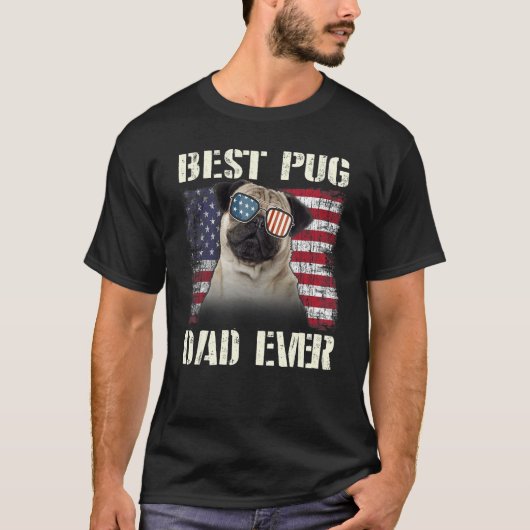Mens Best Pug Love Sunglasses Dad Ever American Fl Tシャツ (正面)