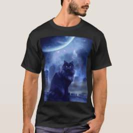 men's black cat and moon light tシャツ