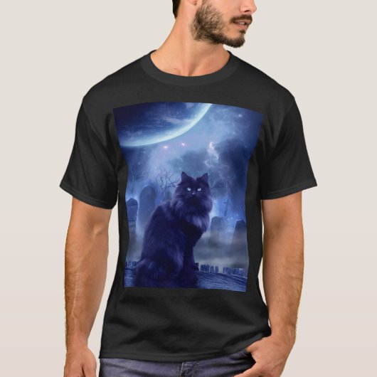 men's black cat and moon light tシャツ (正面)
