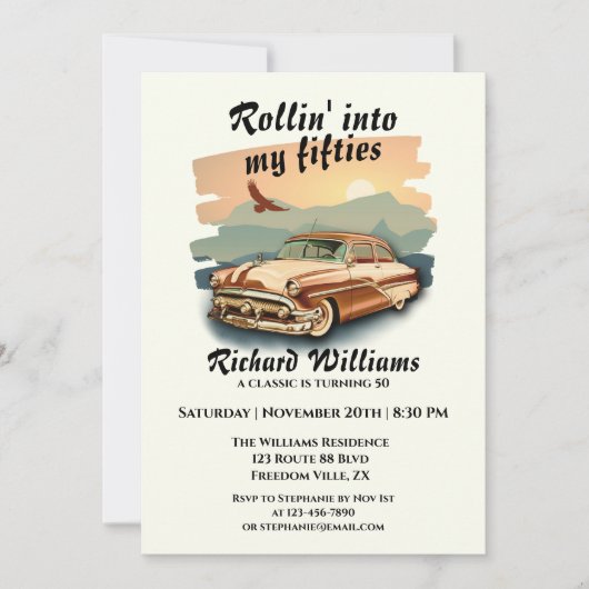 Men's classic car desert sunset 50th Birthday 招待状 (正面)