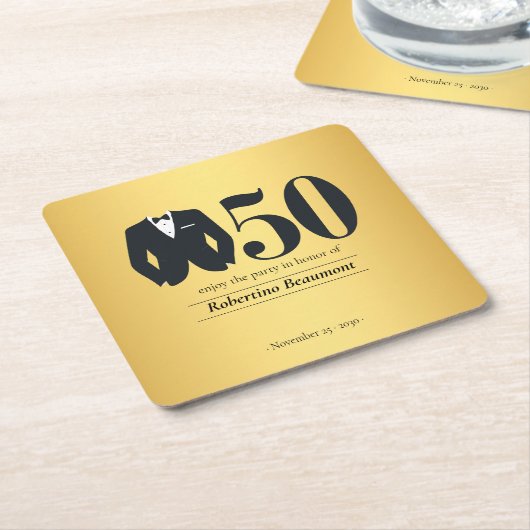 Men's Elegant Tuxedo Gold Black 50th Birthday スクエアペーパーコースター (アングル)