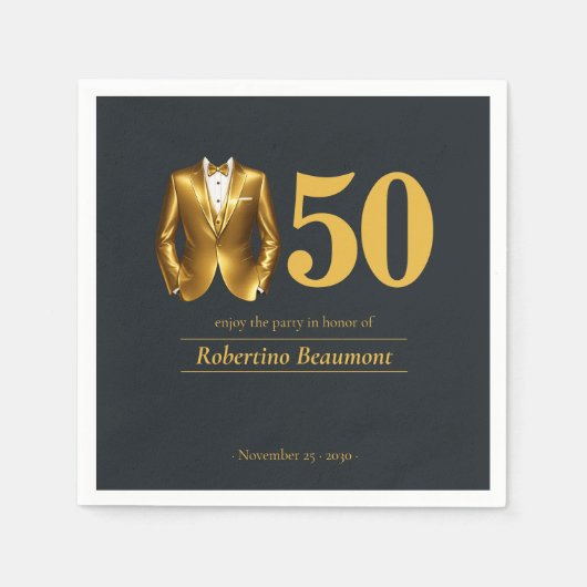 Men's Elegant Tuxedo Gold Black 50th Birthday スタンダードカクテルナプキン (正面)