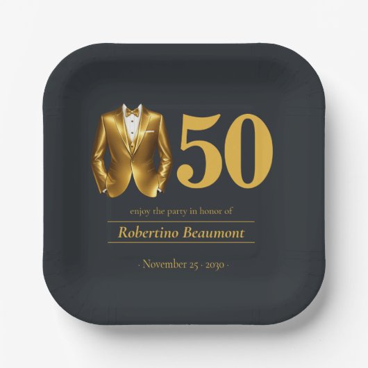 Men's Elegant Tuxedo Gold Black 50th Birthday ペーパープレート (正面)