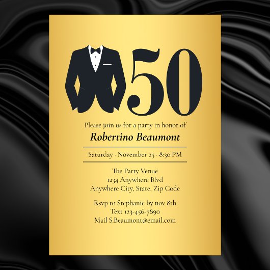 Men's Elegant Tuxedo Gold Black 50th Birthday 招待状