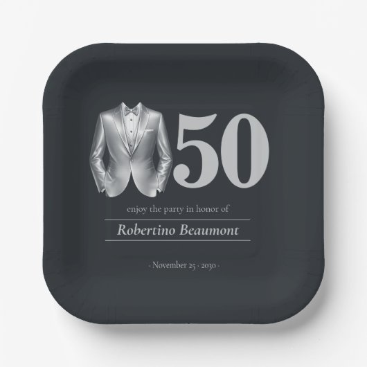 Men's Elegant Tuxedo Silver Black 50th Birthday ペーパープレート (正面)
