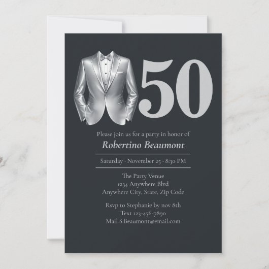 Men's Elegant Tuxedo Silver Black 50th Birthday 招待状 (正面)