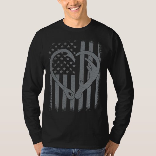 Mens Fishing Hunting US Flag Husband Dad Hook Horn Tシャツ (正面)