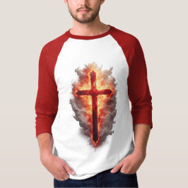 Men's Flaming Christian Cross Baseball Tee Tシャツ