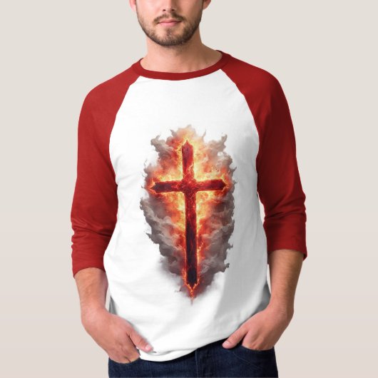Men's Flaming Christian Cross Baseball Tee Tシャツ (正面)