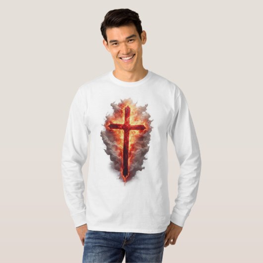 Men's Flaming Christian Cross Long Sleeve Tee Tシャツ (正面フル)