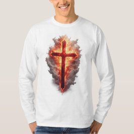 Men's Flaming Christian Cross Long Sleeve Tee Tシャツ