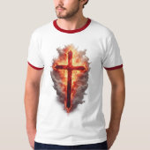 Men's Flaming Christian Cross Ringer Tee  Tシャツ (正面)