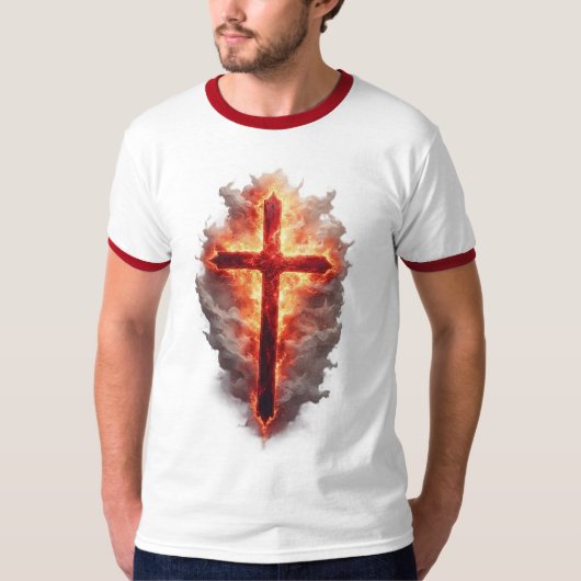Men's Flaming Christian Cross Ringer Tee Tシャツ (正面)