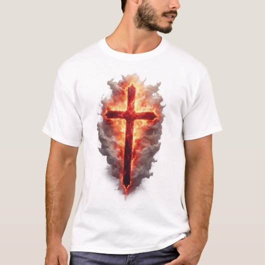 Men's Flaming Christian Cross Tee Shirt Tシャツ (正面)