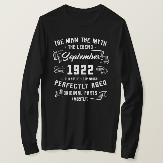 Mens Man Myth Legend September 1922 100th Tシャツ (デザイン正面)