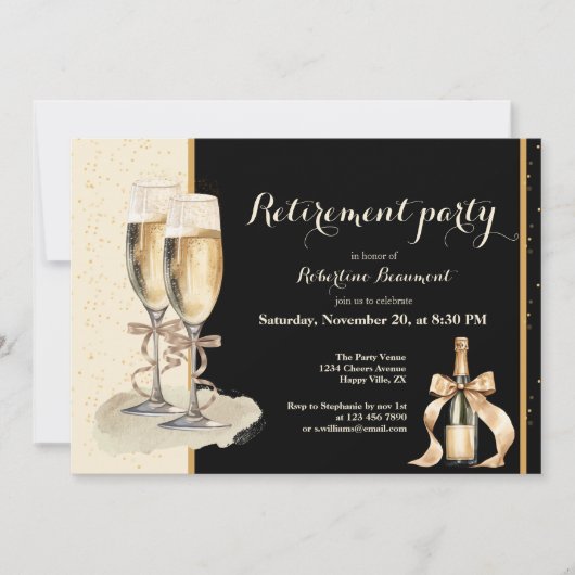 Men's Retirement Gold Black Champagne Party 招待状 (正面)