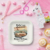 Men's retirement retro classic car desert sunset ペーパープレート (パーティー)