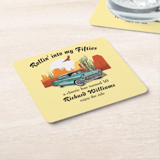Men's Retro Classic Blue Car Desert 50th Birthday スクエアペーパーコースター (アングル)