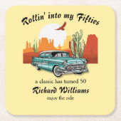 Men's Retro Classic Blue Car Desert 50th Birthday スクエアペーパーコースター (正面)