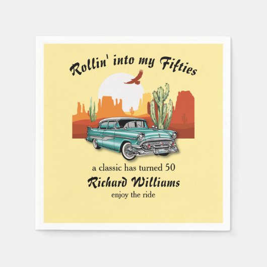 Men's Retro Classic Blue Car Desert 50th Birthday スタンダードカクテルナプキン (正面)