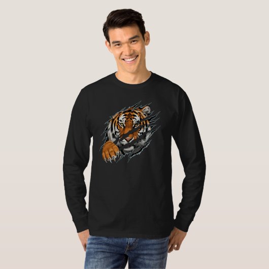 Men's Tiger Ripped Effect Long-sleeved Tshirt Tシャツ (正面フル)