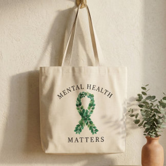 Mental Health Matters Botanical Green Ribbon ラージトートバッグ