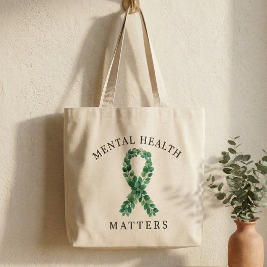 Mental Health Matters Botanical Green Ribbon ラージトートバッグ