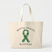 Mental Health Matters Botanical Green Ribbon ラージトートバッグ (正面)