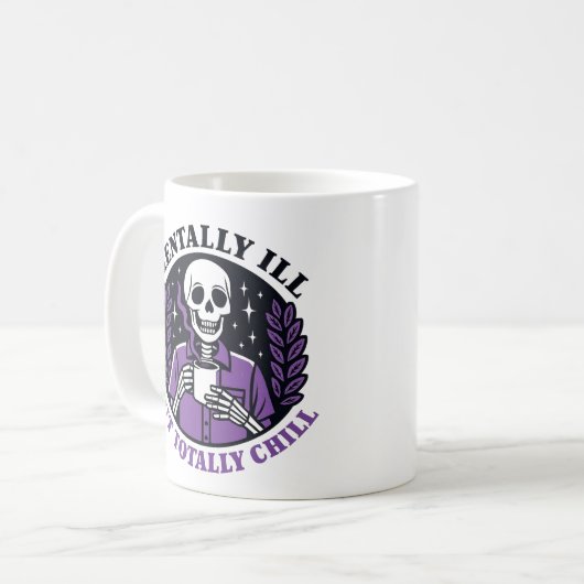 "Mentally Ill But Totally Chill" Skeleton Mug コーヒーマグカップ (正面左)