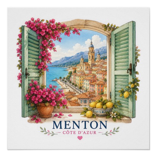 Menton French Riviera - View Through Window ポスター (正面)