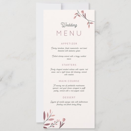 Menú boda boho chic ramas hojas rojo (正面)