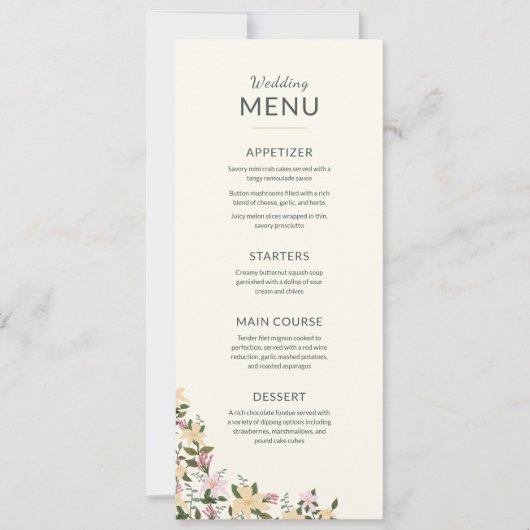 Menú boda flores tropicales bohemio clásico (正面)