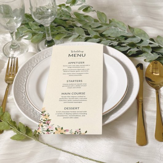 Menú boda flores tropicales bohemio clásico