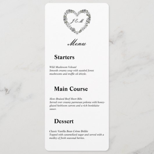 Menu de mariage en noir et blanc cœur floral メニュー (正面)