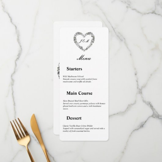 Menu de mariage en noir et blanc cœur floral メニュー (正面/裏面インサイチュ)