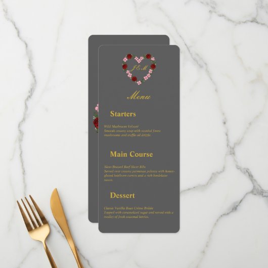 Menu de mariage gris à coeur florral メニュー (正面/裏面インサイチュ)