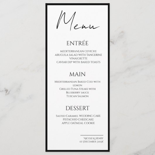 Menú Minimalista Bordes Negros Boda Elegante メニュー (正面)
