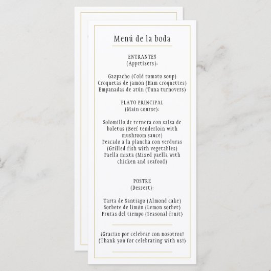Menú oro Blanco Clásico Bilingüe Español e Inglés メニュー (正面/裏面)
