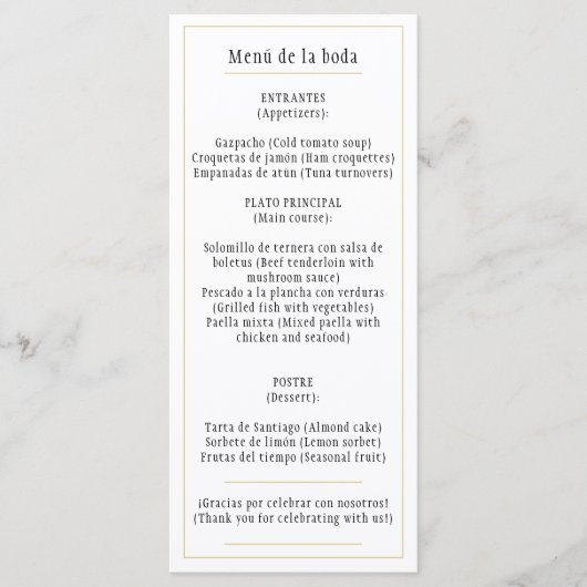 Menú oro Blanco Clásico Bilingüe Español e Inglés メニュー (正面)