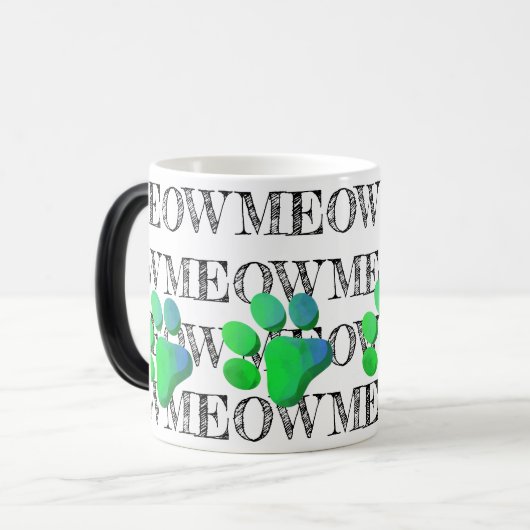 MEOWタイポグラフィグリーンブルーキャットポープリントペットおもしろい モーフィングマグカップ (正面左)