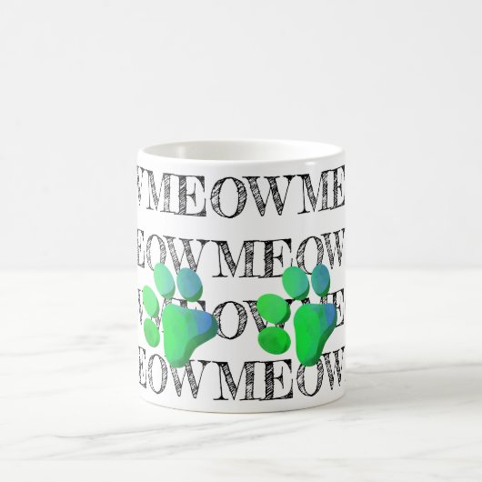 MEOWタイポグラフィグリーンブルーキャットポープリントペットおもしろい モーフィングマグカップ (中央)