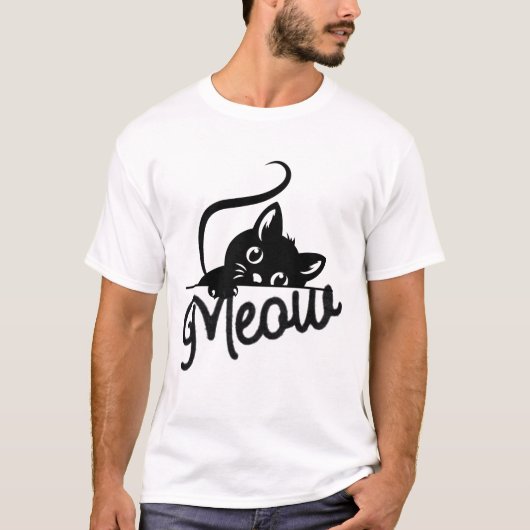 「Meow」かわいい黒猫 キティーグッズ Tシャツ (正面)