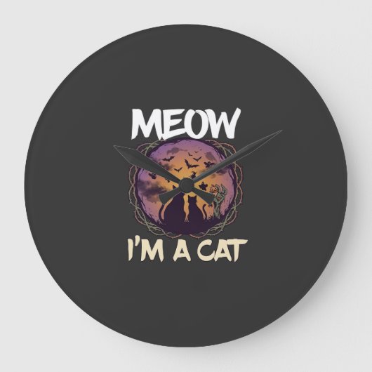 Meow Am Cat Halloween Night Witch Pumpkin_1 ラージ壁時計 (正面)