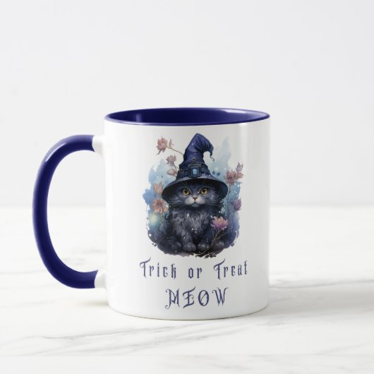 Meow Black Cat Witch Hatハロウィーンのトリックまたは治療 マグカップ (左)